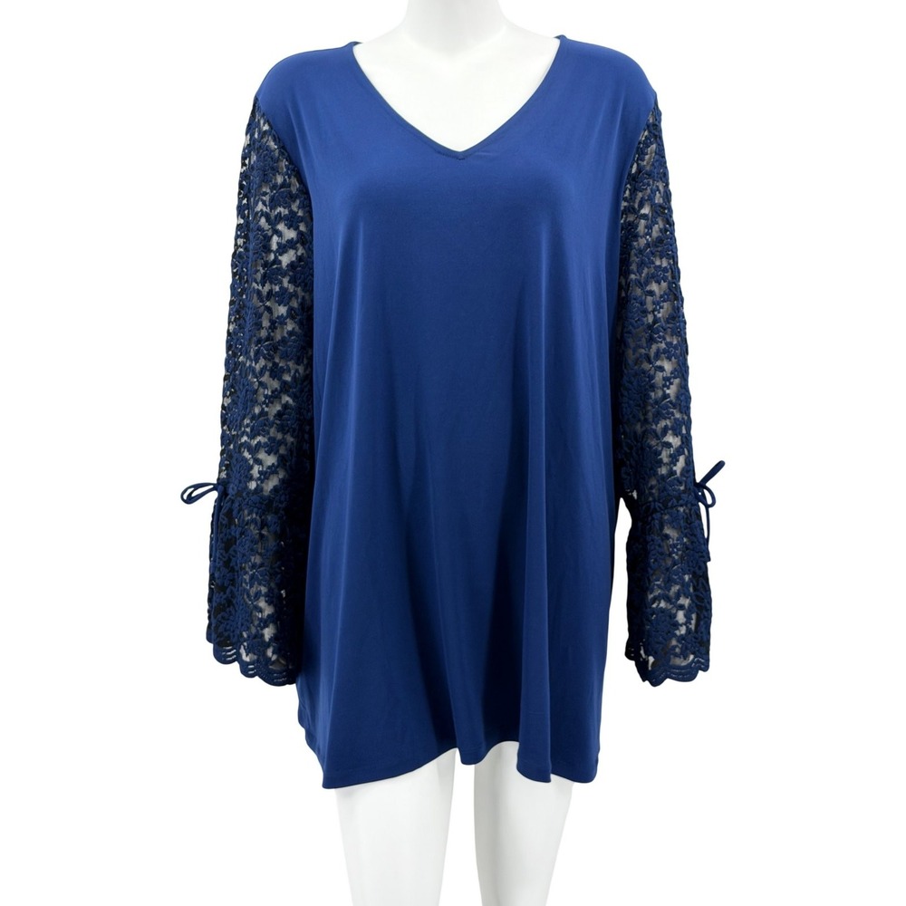 Susan Graver Top Women 3X Blue Floral Lace Sleeve V-Neck Stretch Feminine Office